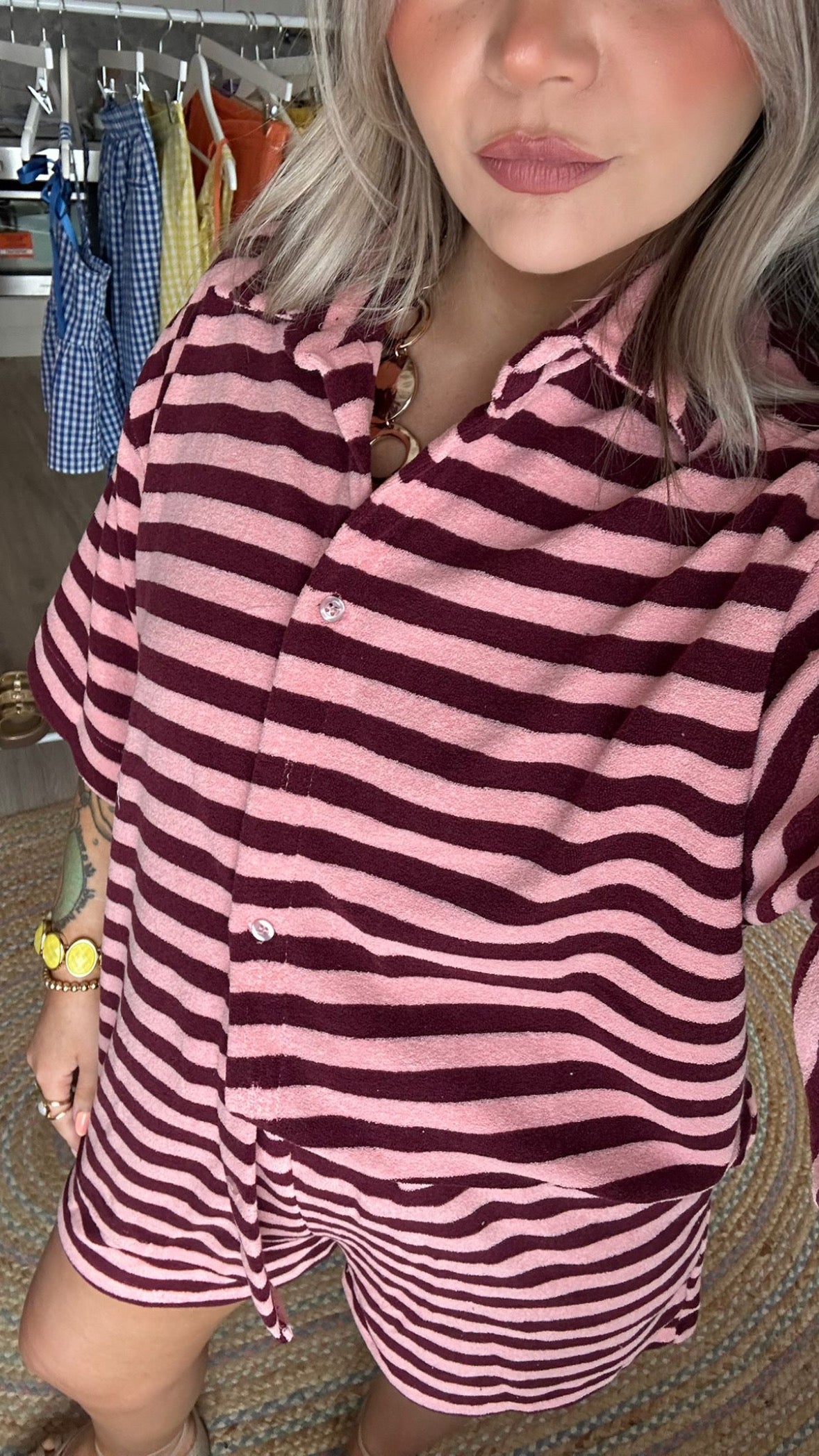 Towelling Stripe Co-Ord - Burgundy/Pink