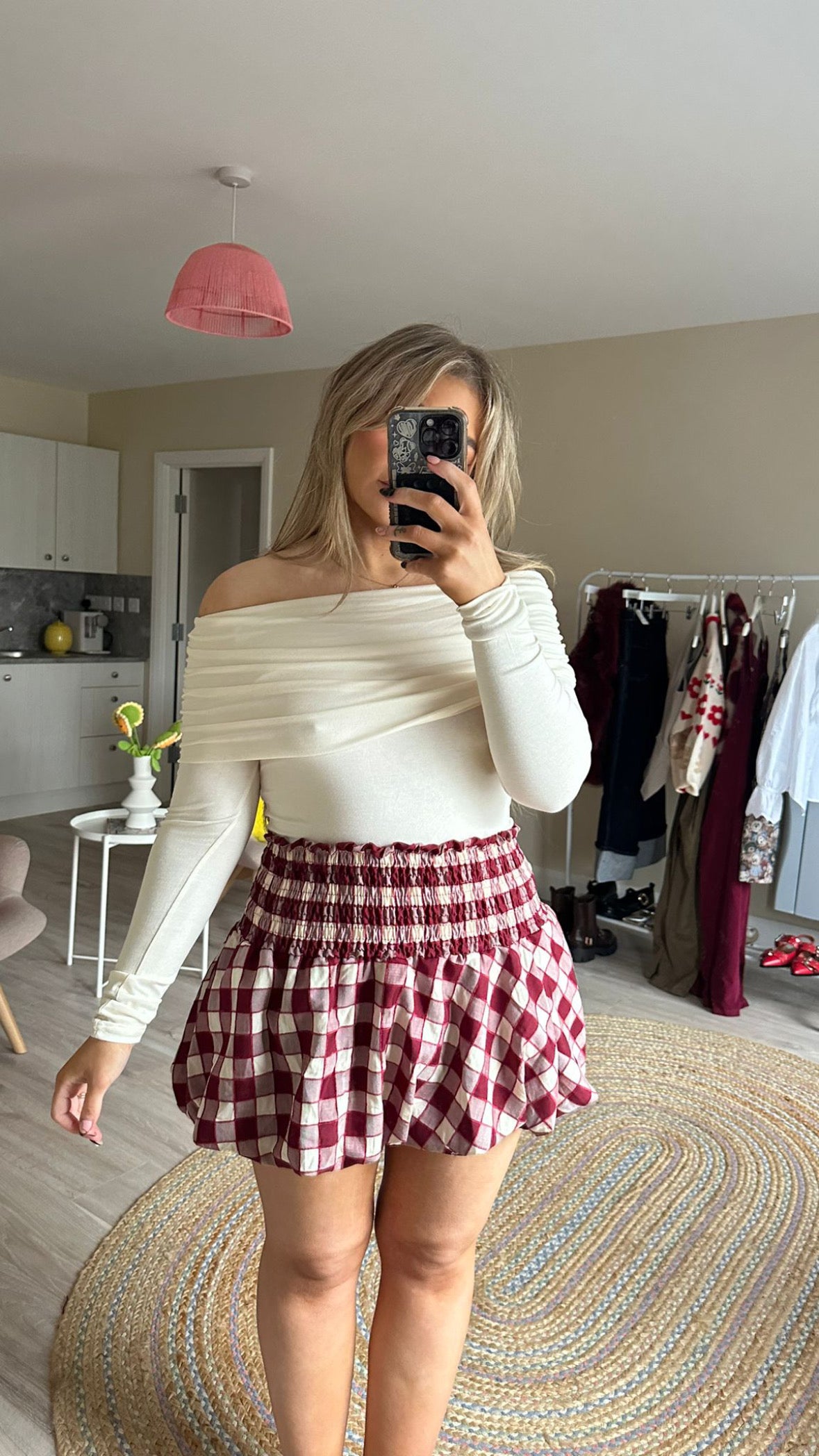 Burgundy Check Bubble Hem Skirt