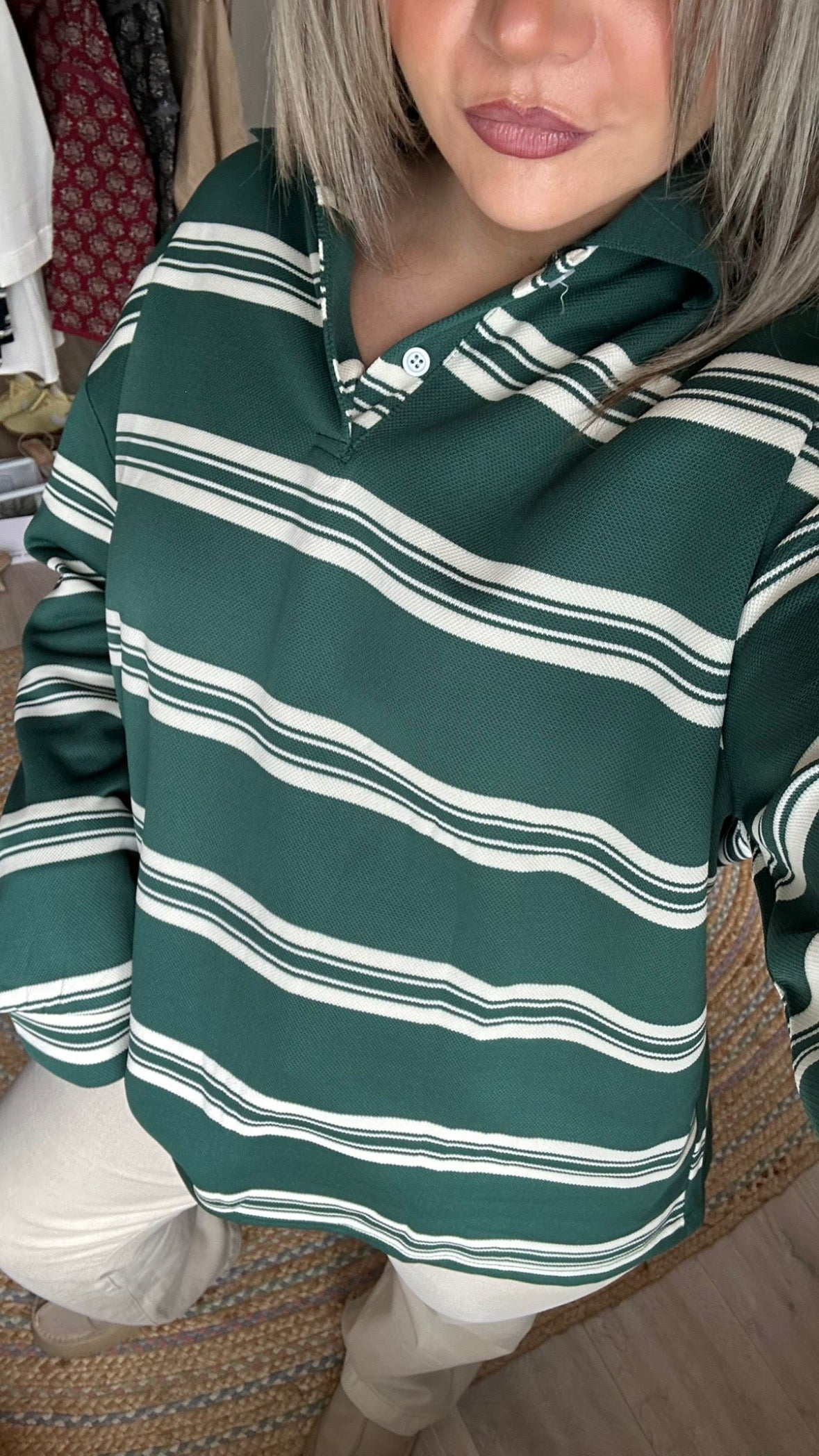 Green Stripe Rugby Long Sleeve Top