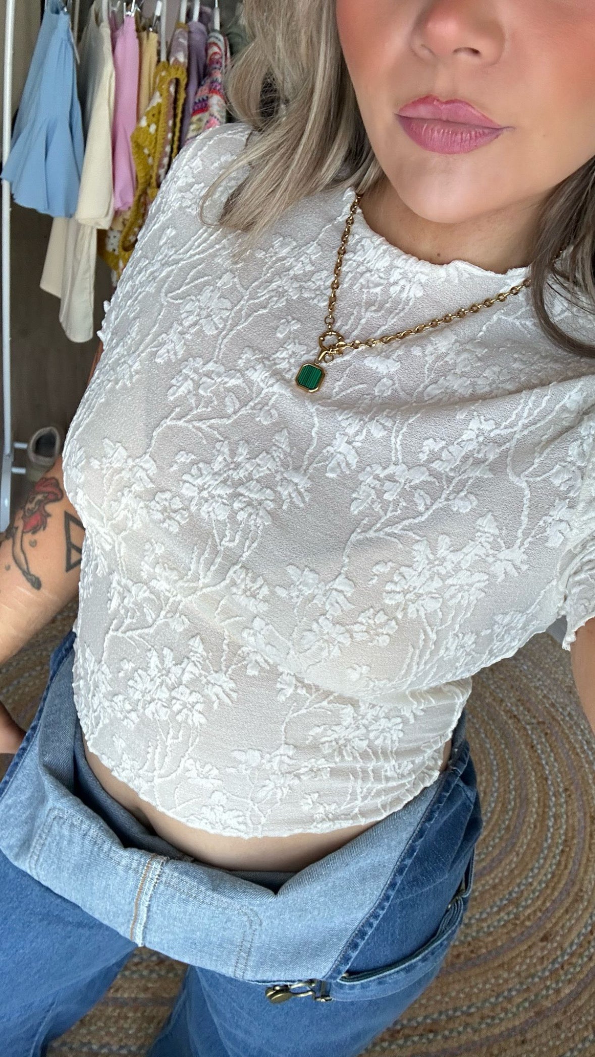 Floral Embossed Mesh Short Sleeve Top