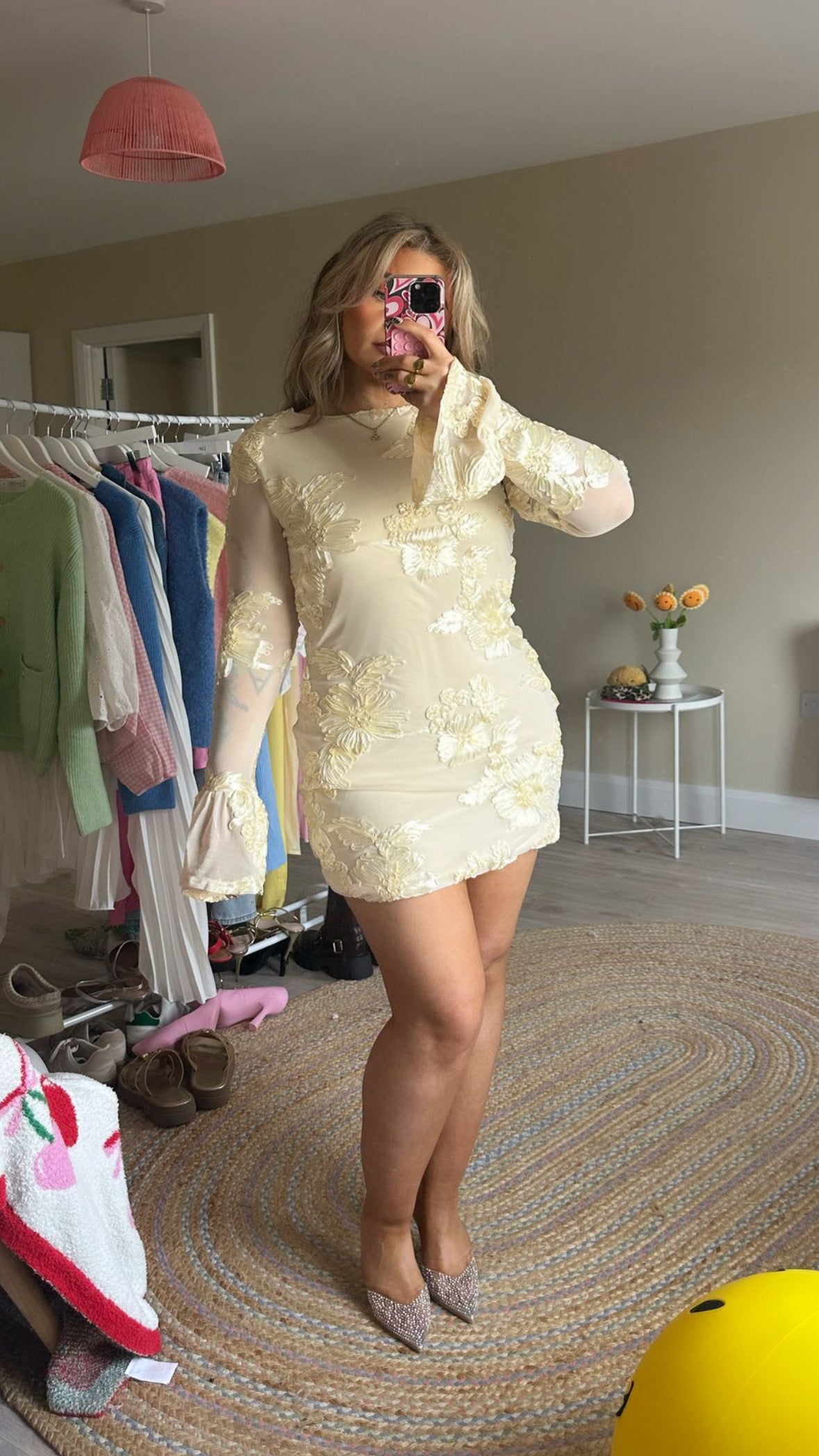 Floral Appliqué Flared Sleeve Mini Dress