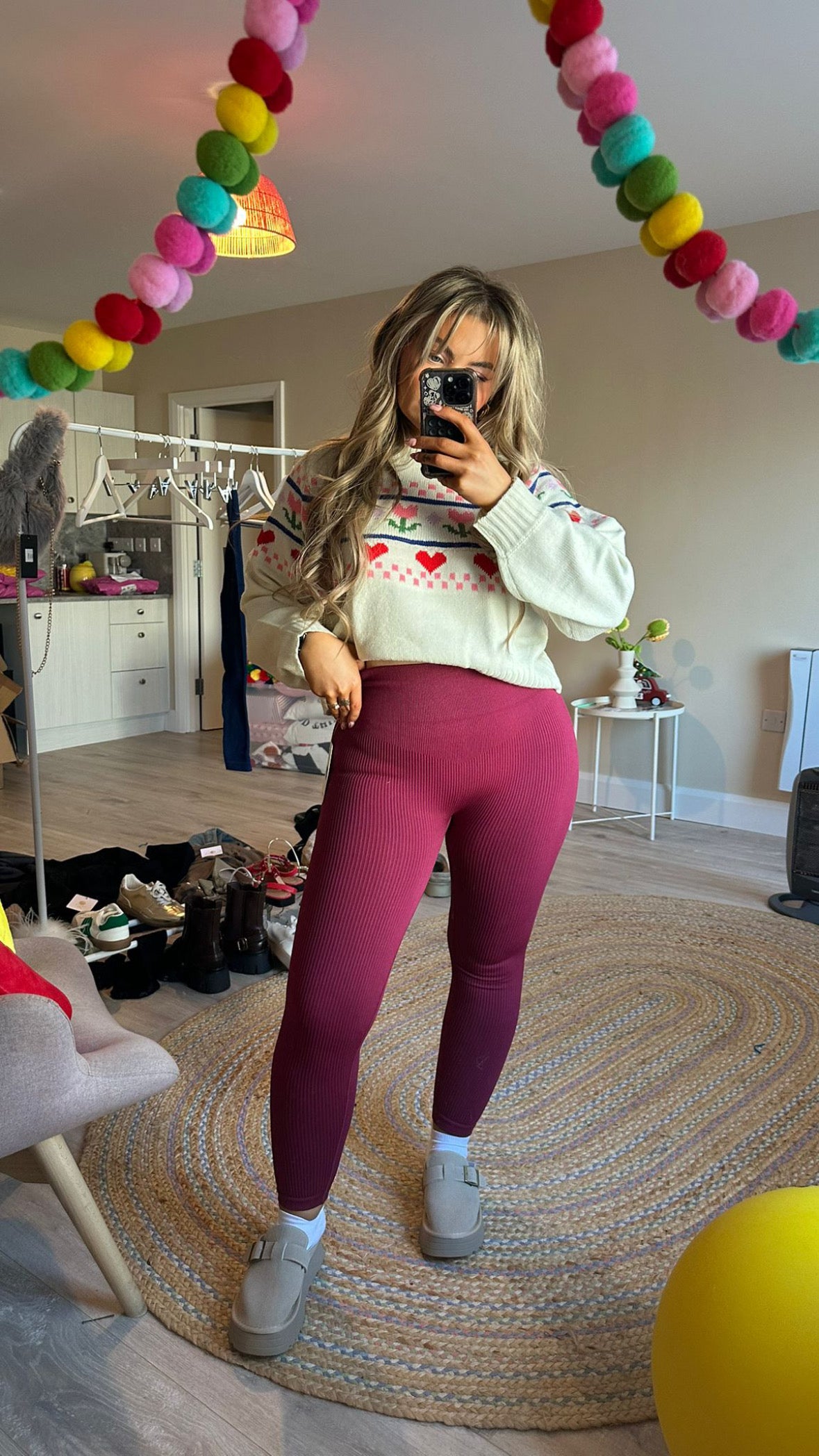 High Waist Ribbed Gym Leggings - Burgundy