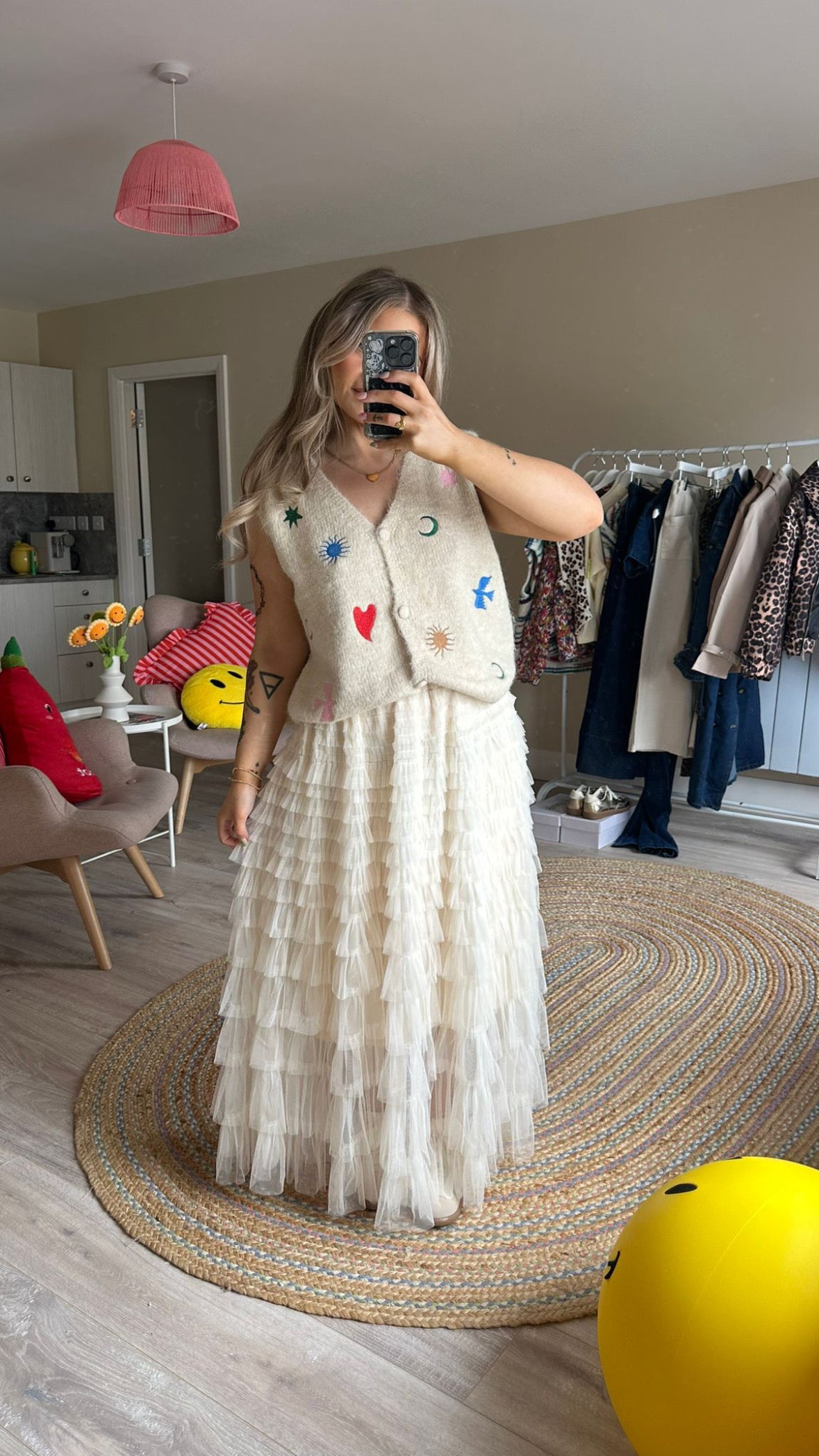 Cream Tulle Tiered Maxi Skirt