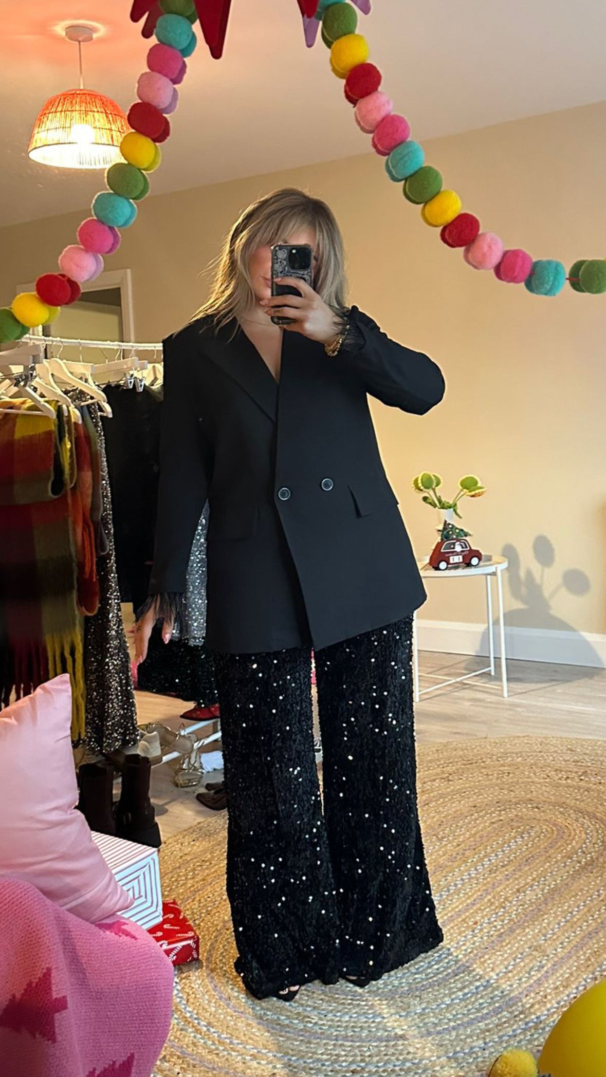 Black Sequin Velvet Base Wide Leg Flares