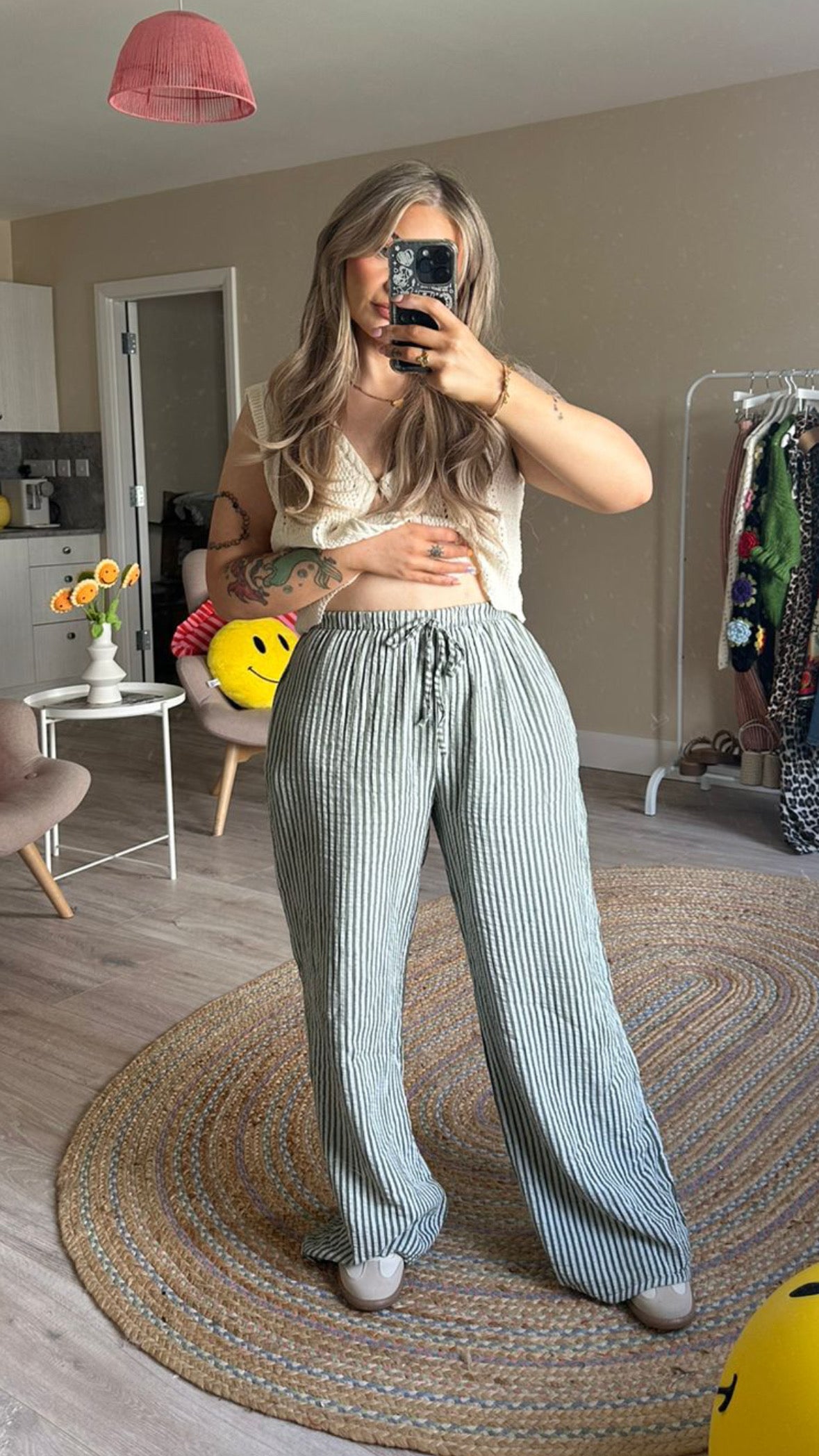 Stripe Elasticated Waist Trousers In Khaki