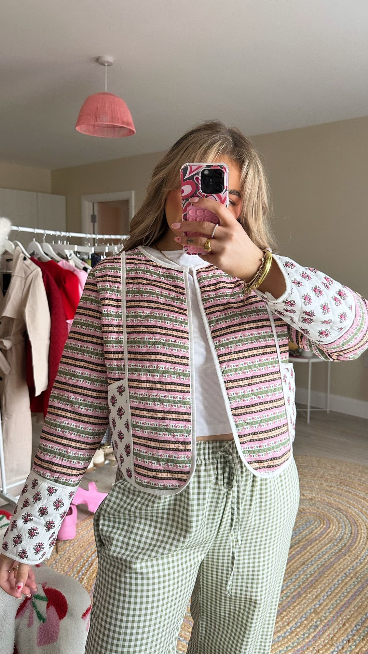 Pink Geometric Patterned Quilted Jacket