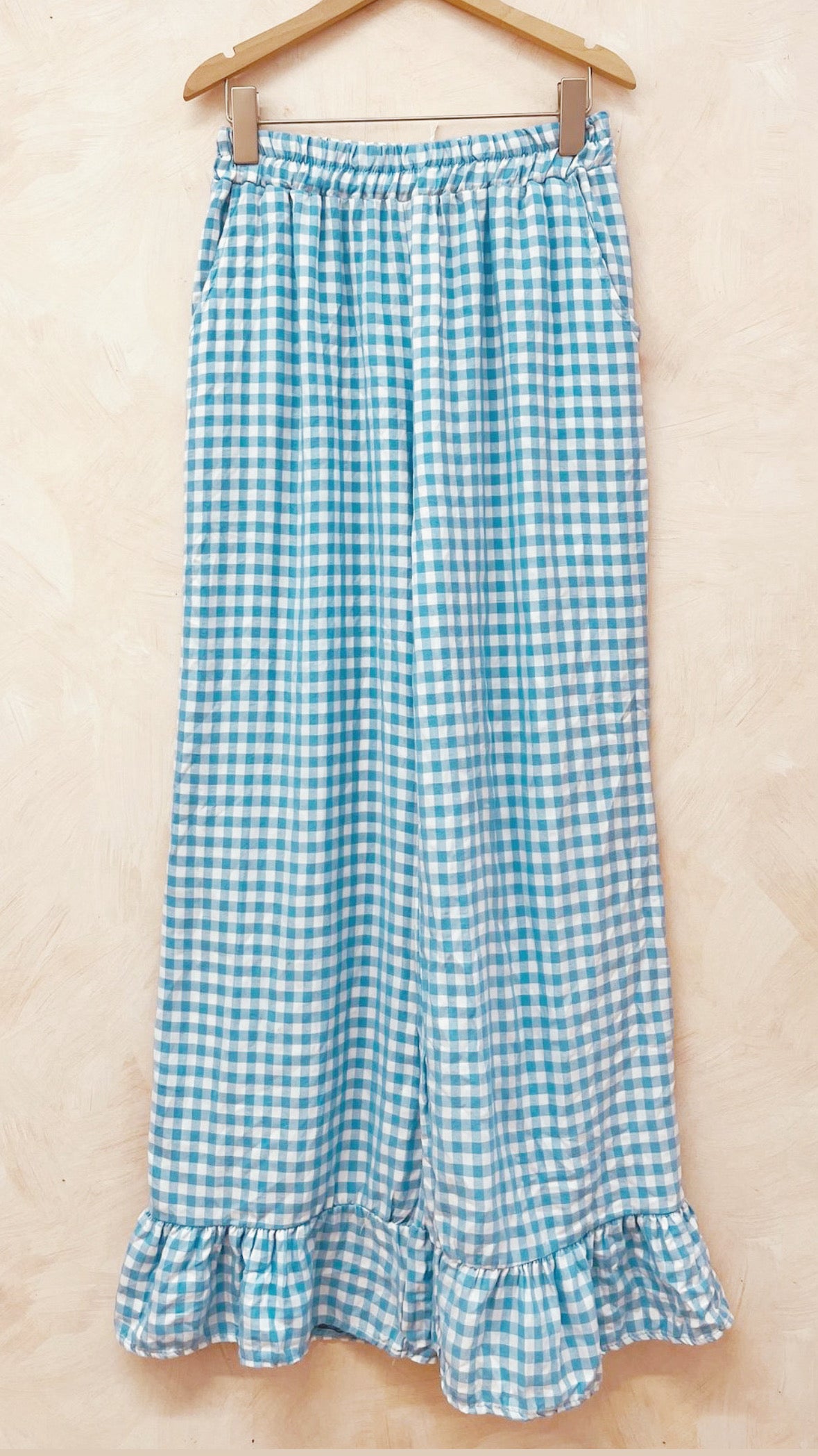 Frill Cuff Gingham Trousers - Blue