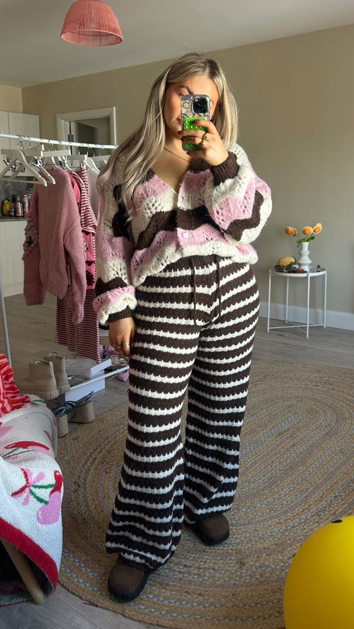 Chevron Knit Cardigan - Pink/Brown