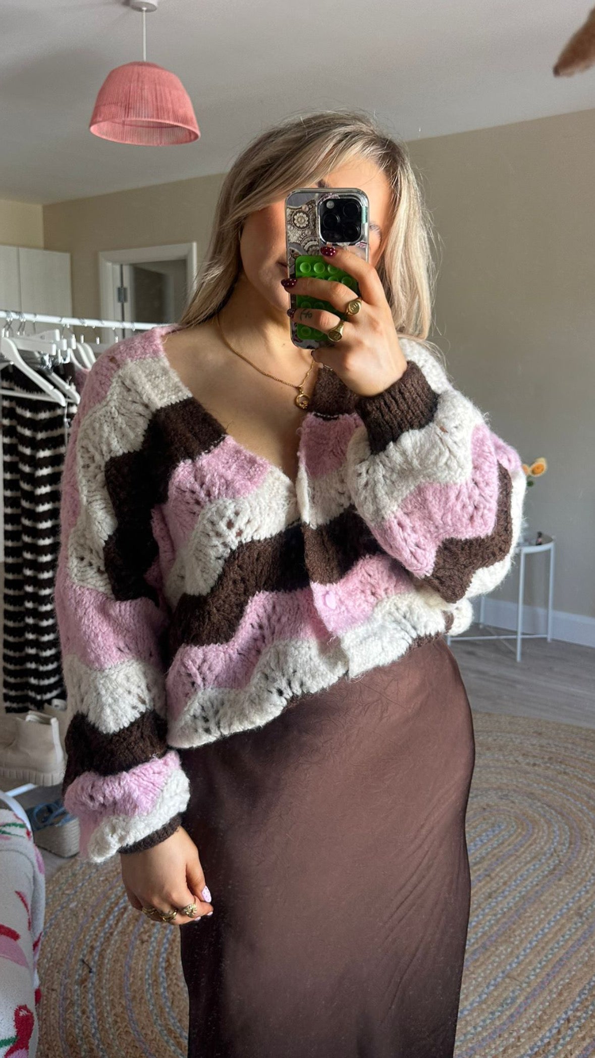 Chevron Knit Cardigan - Pink/Brown