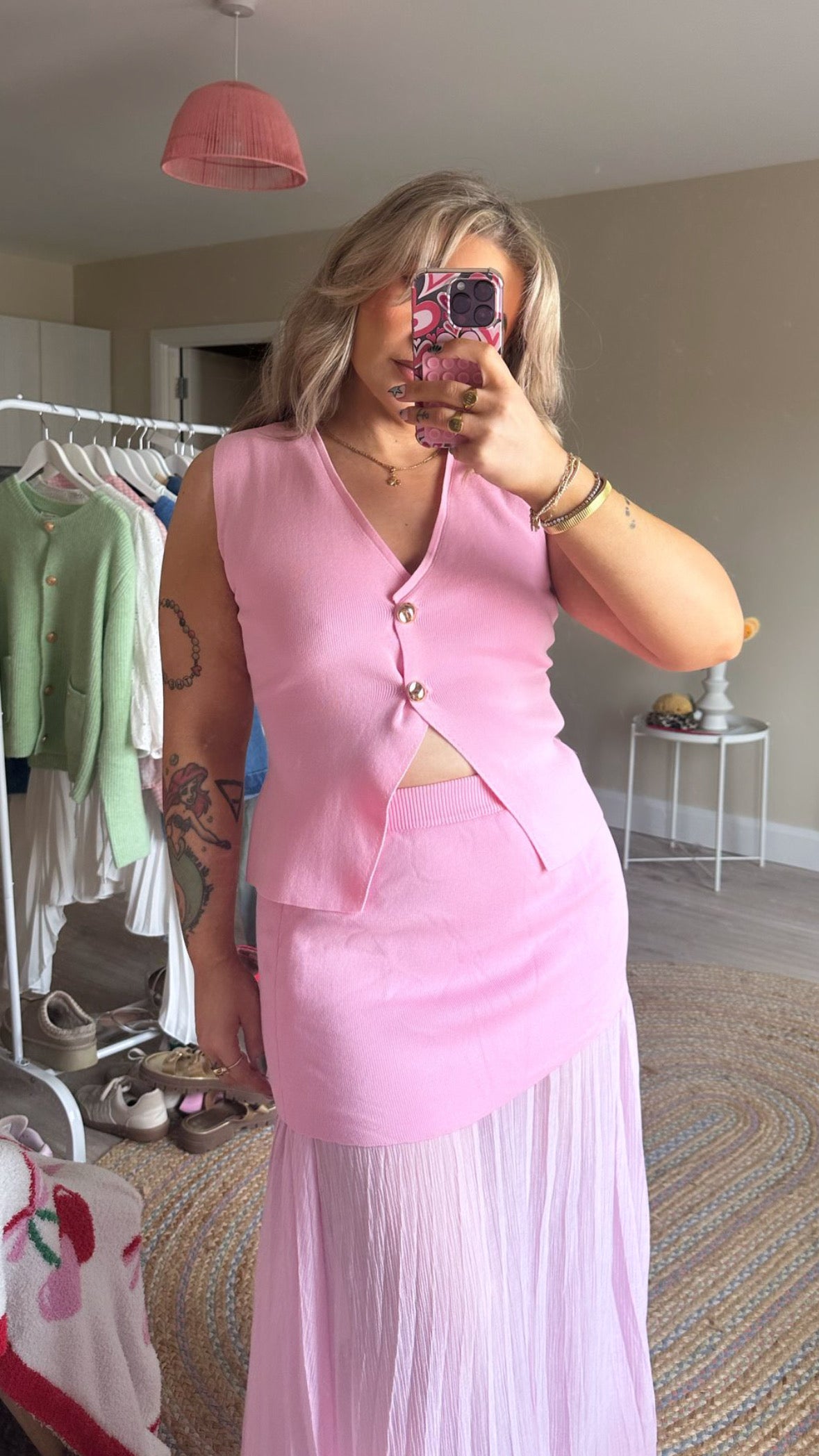 Waistcoat And Chiffon Knit Maxi Skirt Set - Pink