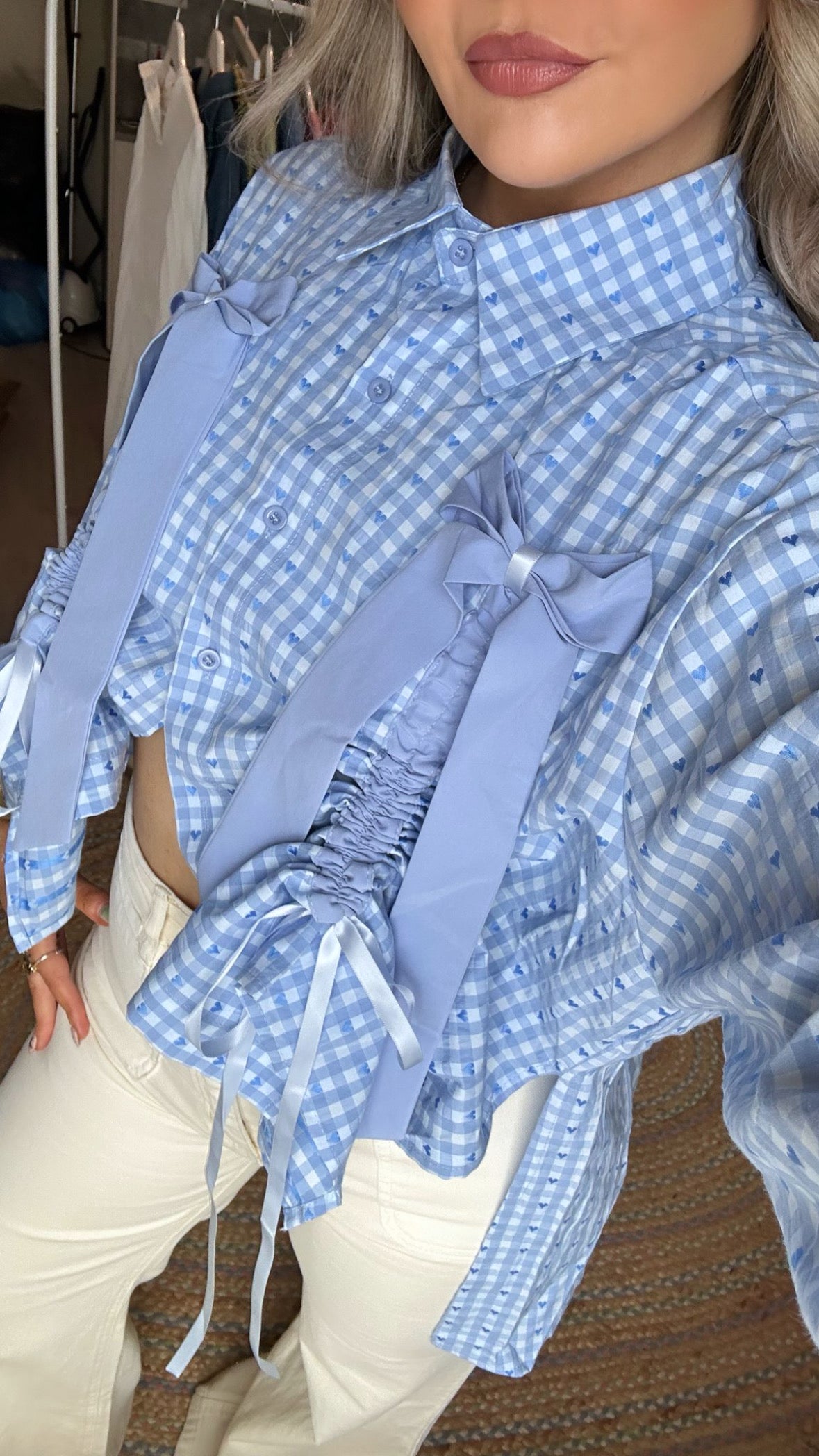 Blue Gingham Adjustable Bow Shirt