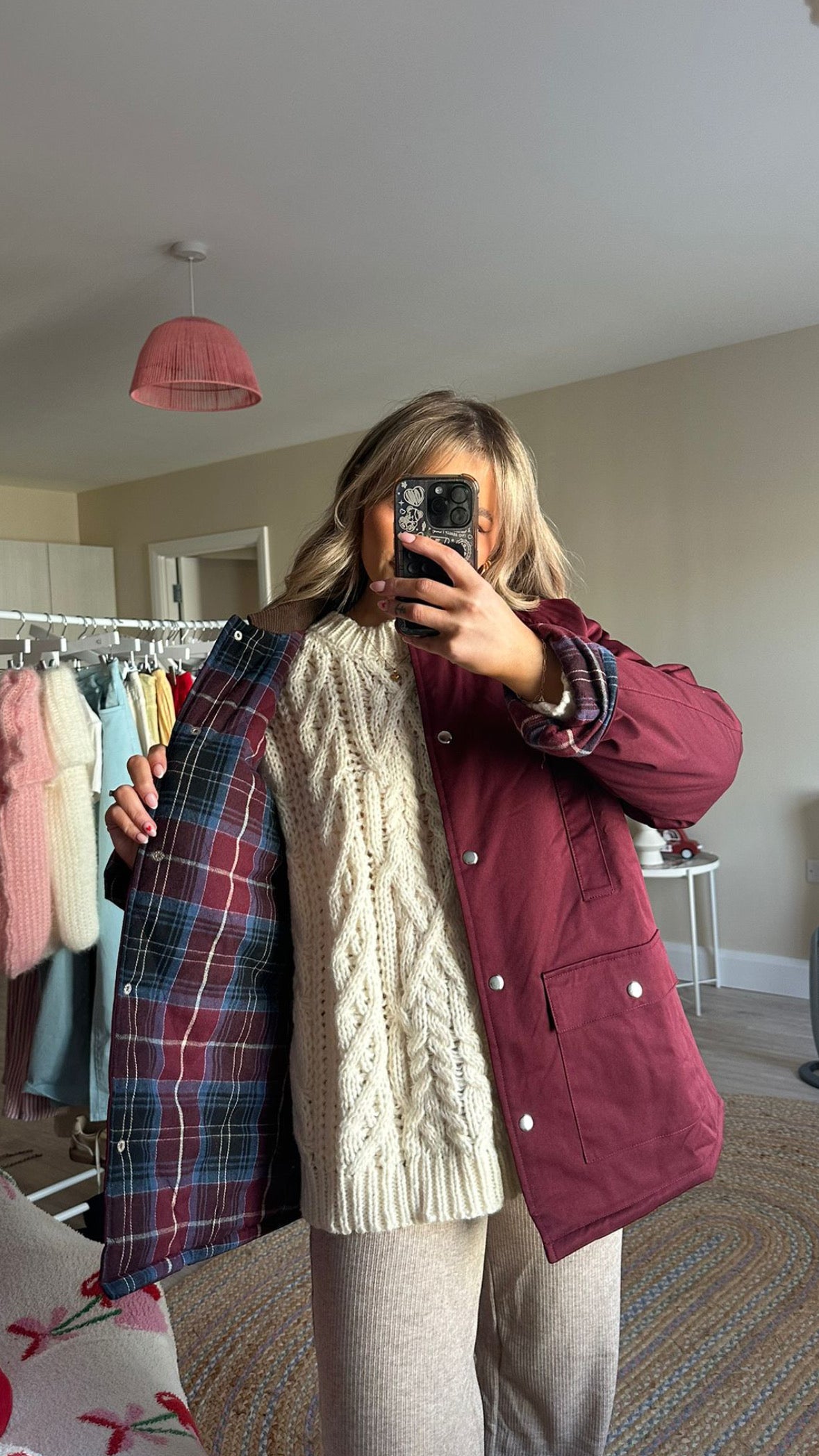 Plaid Lined Waxed Jacket - Burgundy