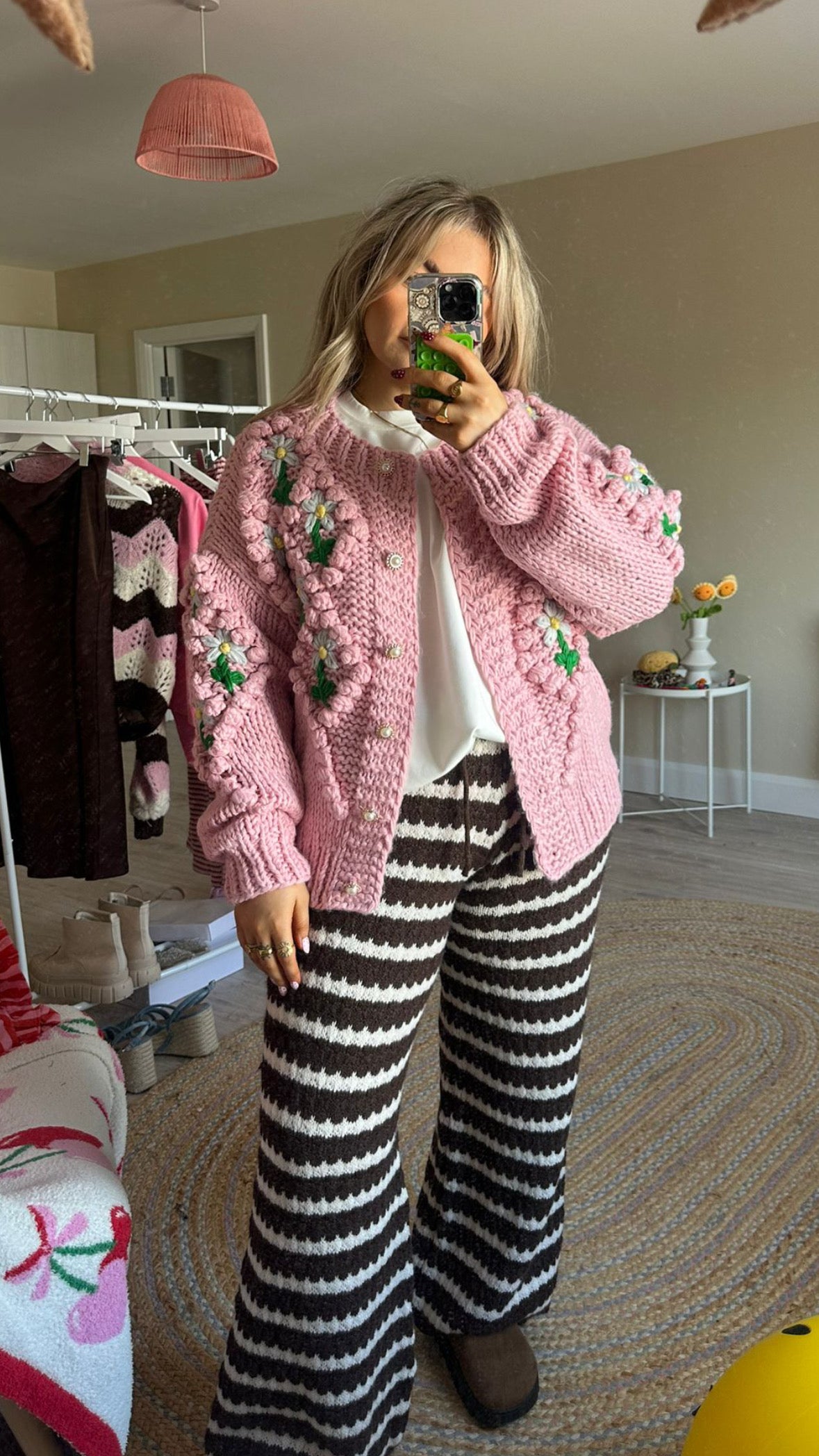 Pink Chunky Floral Knit Cardigan