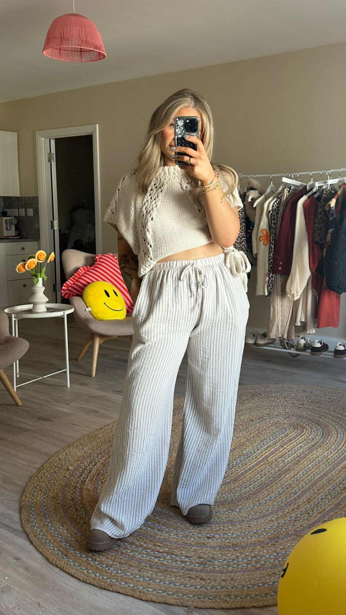 Stripe Elasticated Waist Trousers In Nude