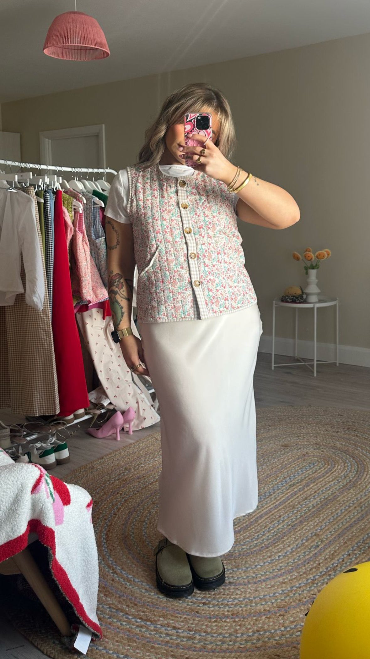 Floral Gilet with Gingham Trim - Beige