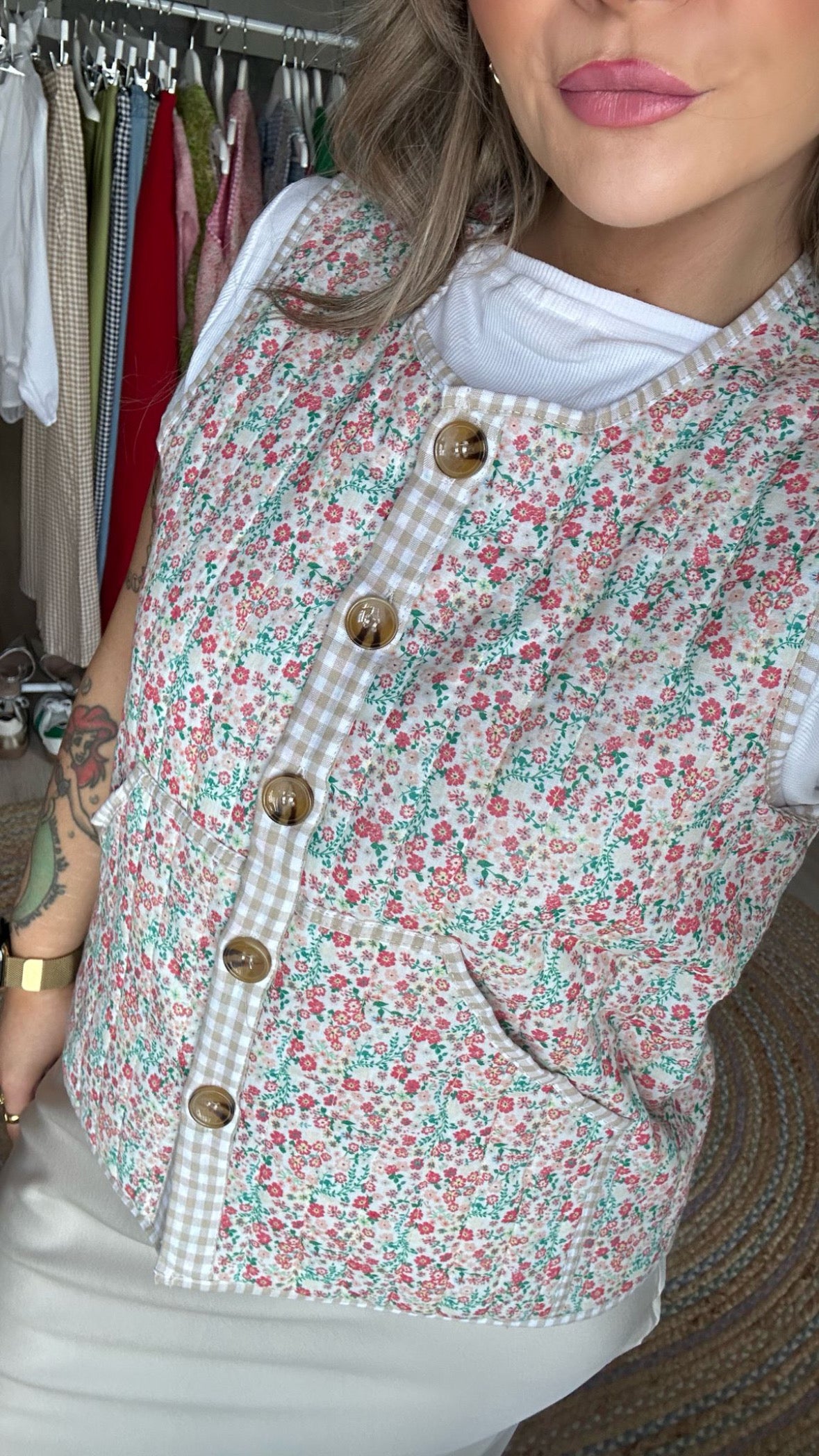 Floral Gilet with Gingham Trim - Beige