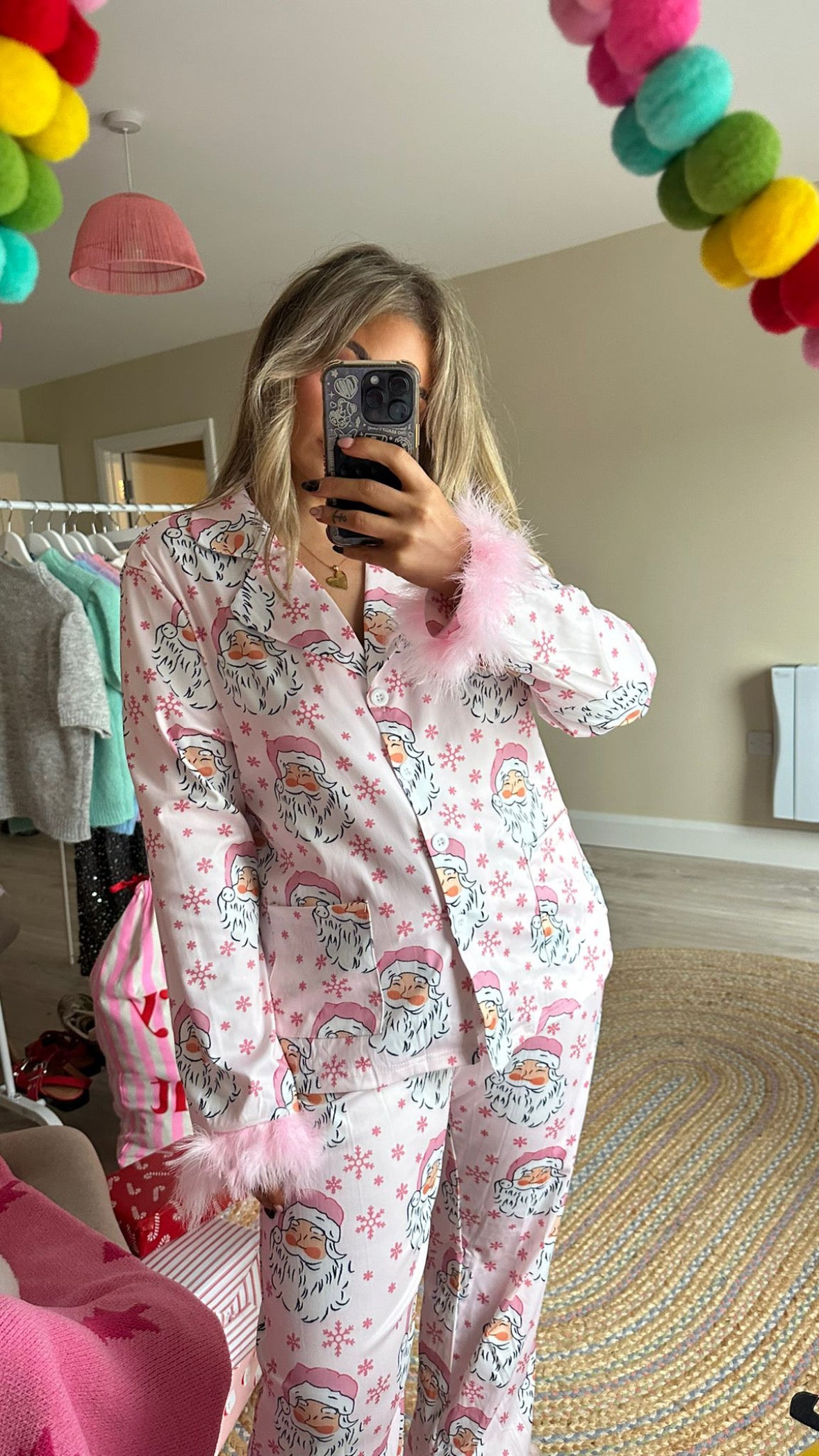 Pink Santa Feather Cuff Pyjamas