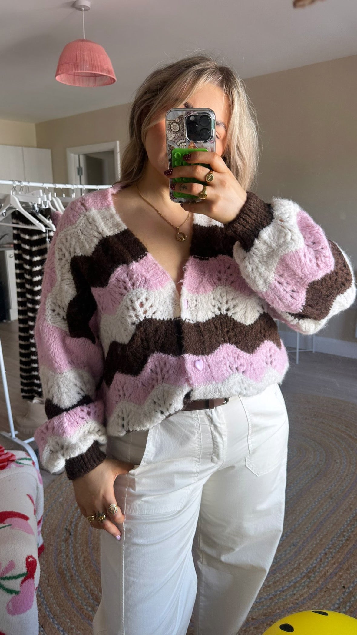 Chevron Knit Cardigan - Pink/Brown