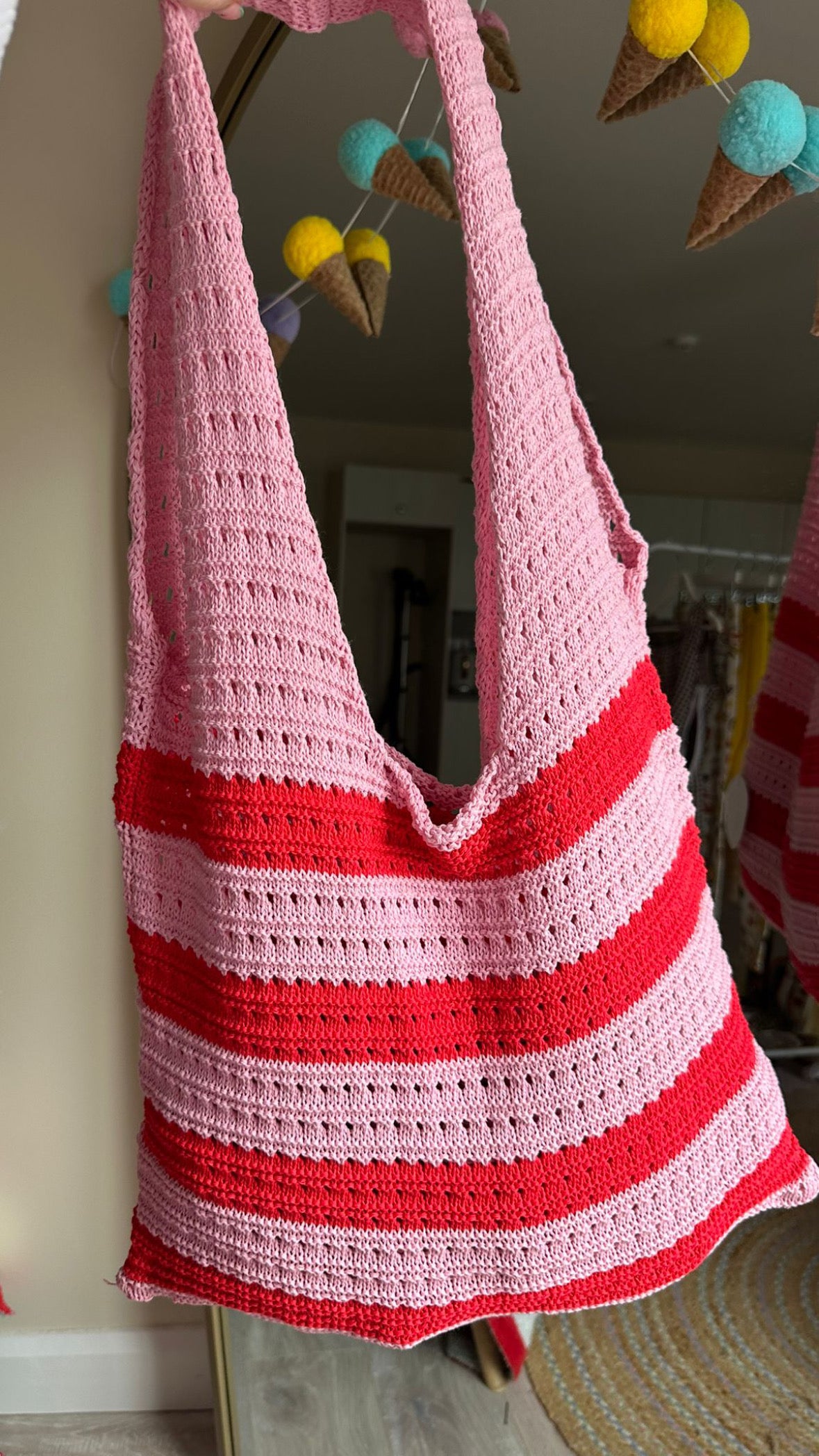 Knitted Tote Bag - Pink/Red
