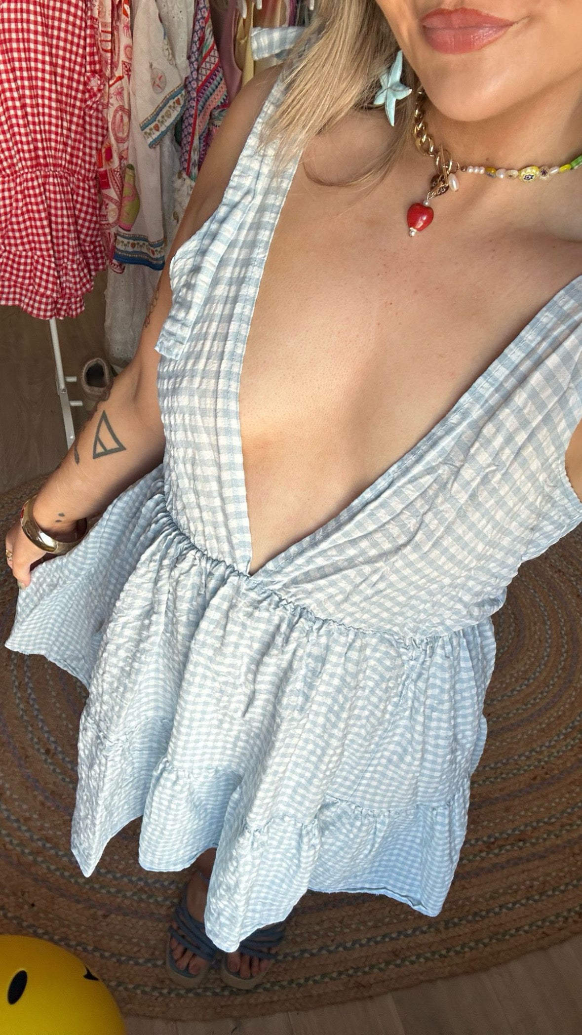 Gingham Tie Shoulder Sun Dress - Blue