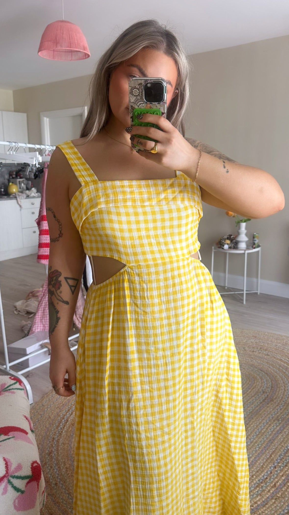Gingham Tie Back Midi Dress - Yellow
