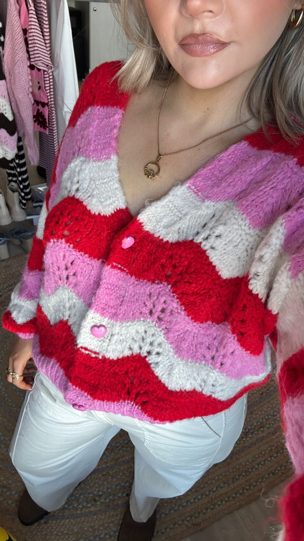 Chevron Knit Cardigan - Pink/Red