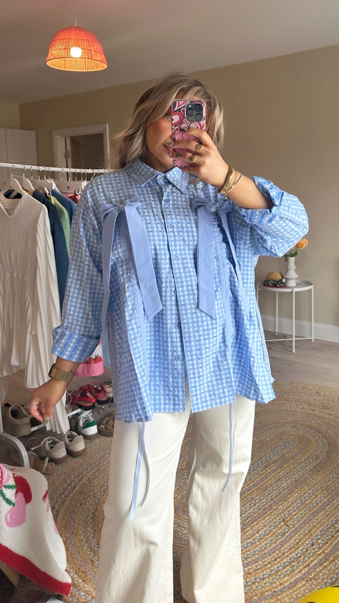 Blue Gingham Adjustable Bow Shirt