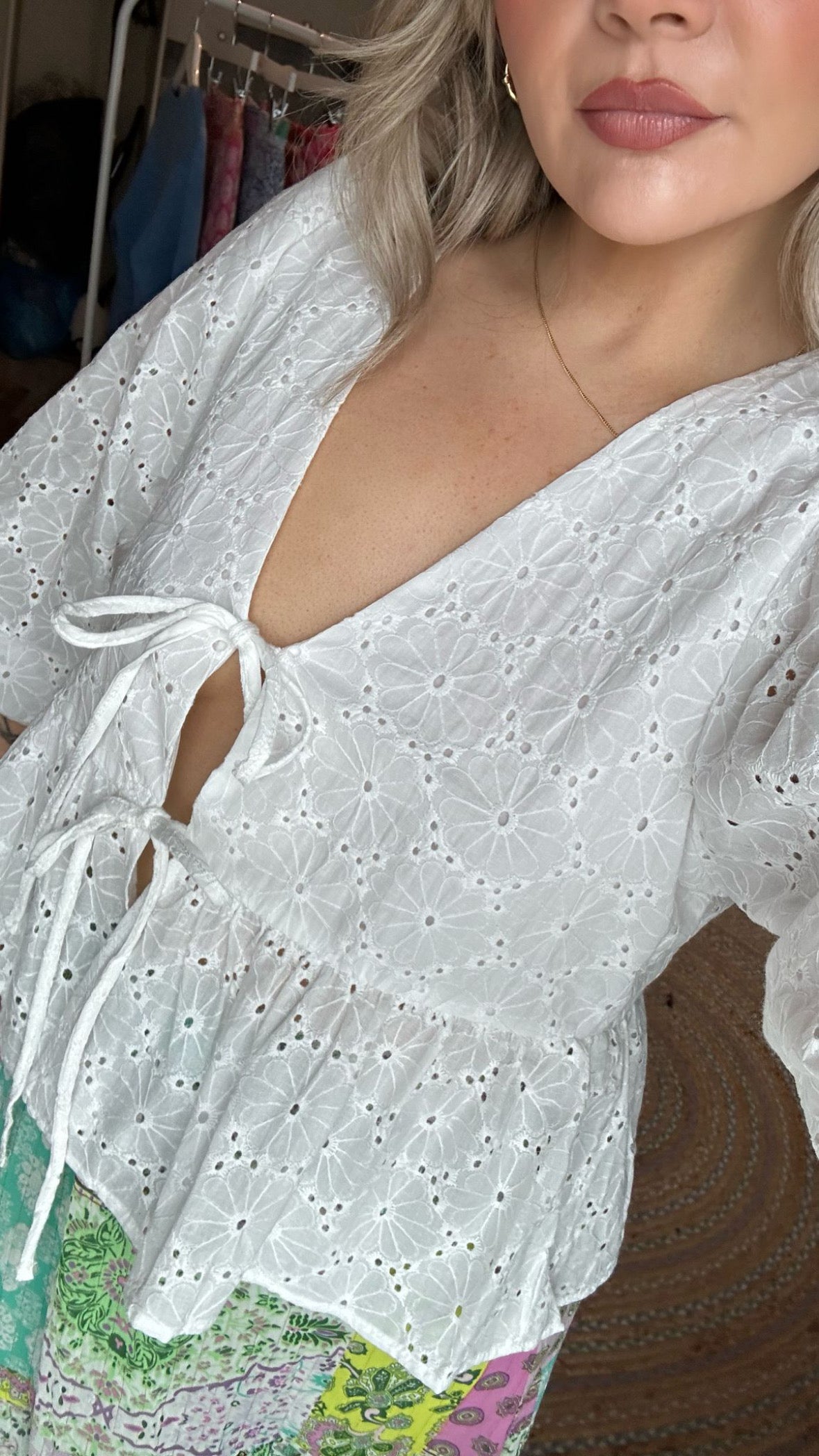 Tie Front Broderie Anglaise Blouse - White