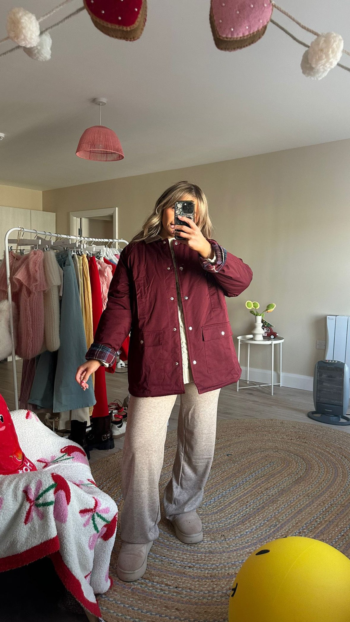 Plaid Lined Waxed Jacket - Burgundy