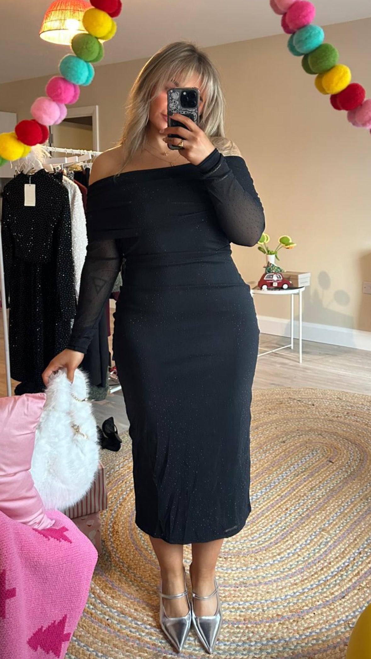 Black Sparkle Bardot Midaxi Dress