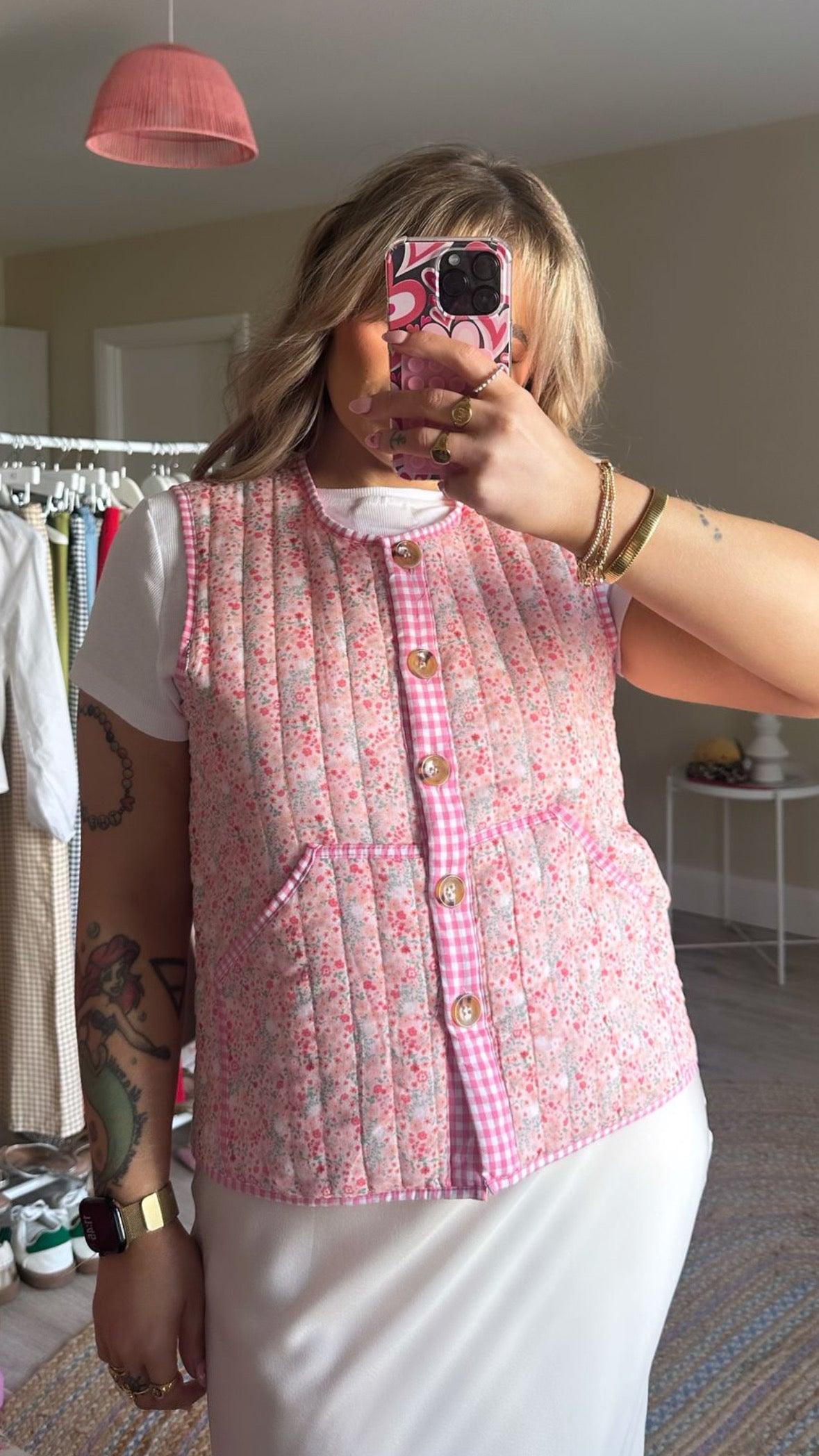 Floral Gilet with Gingham Trim - Pink
