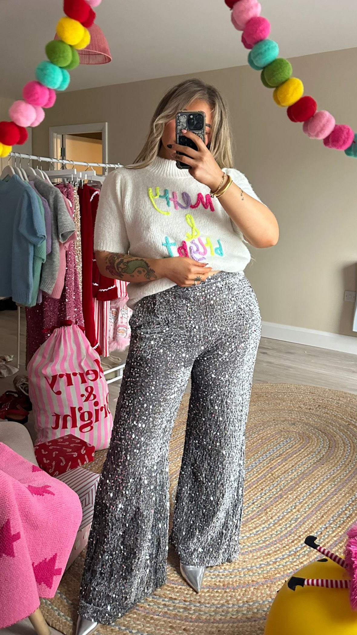 Silver Sequin Velvet Base Wide Leg Flares