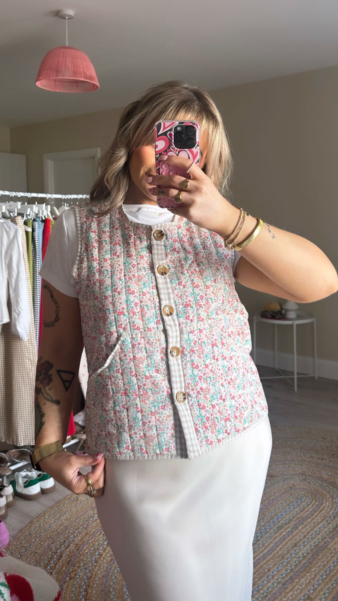 Floral Gilet with Gingham Trim - Beige