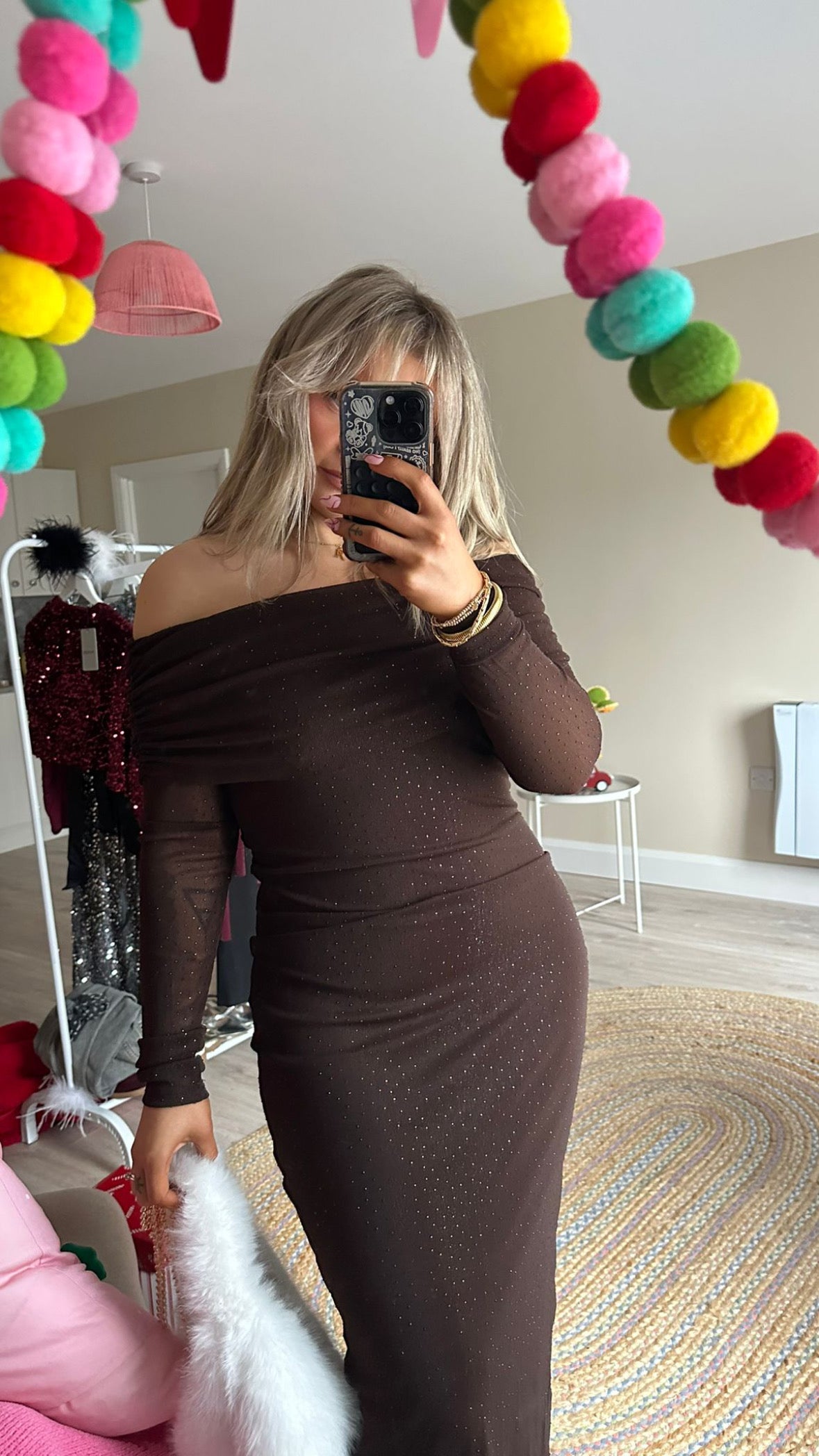 Chocolate Brown Sparkle Bardot Midaxi Dress