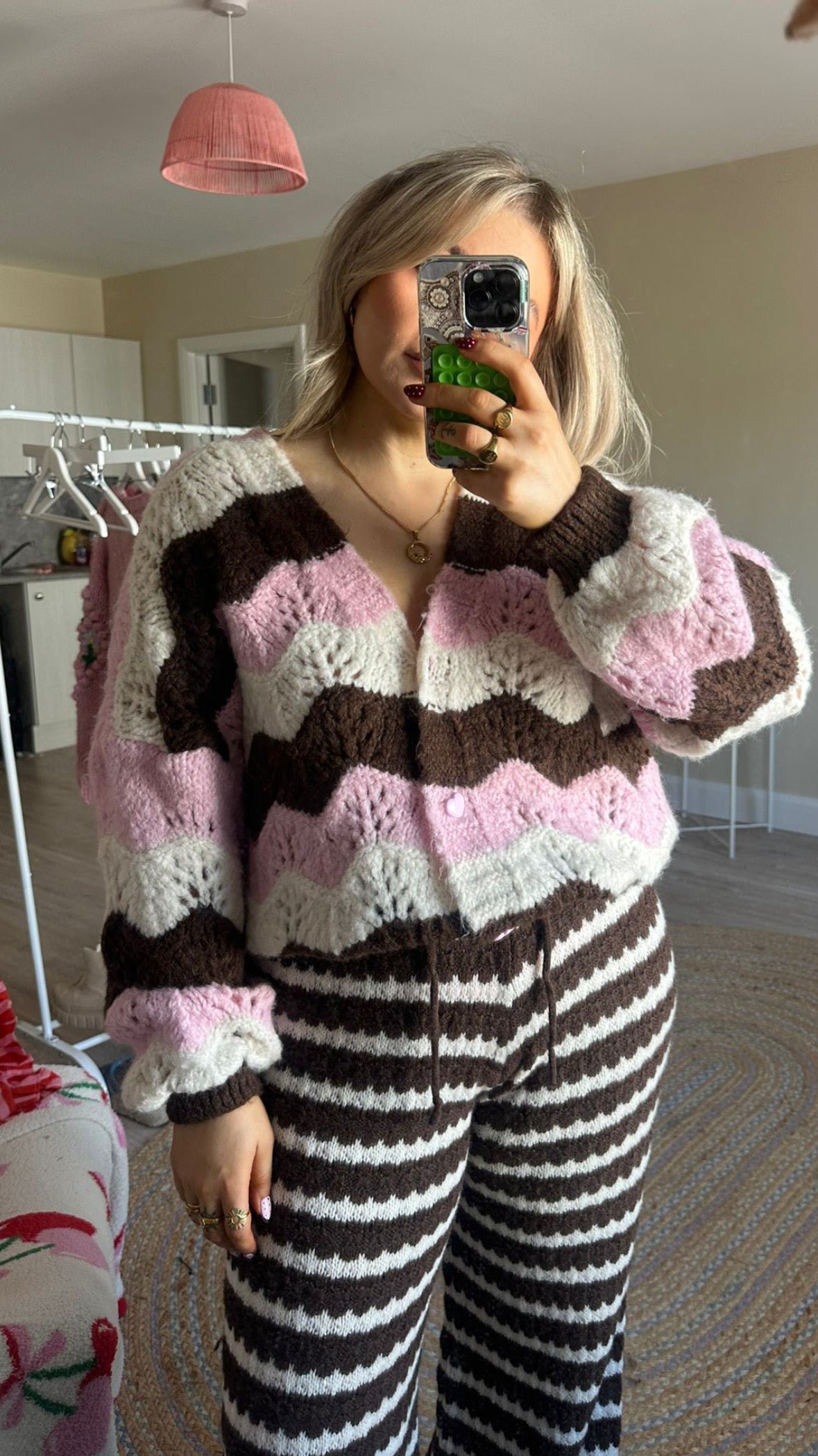 Chevron Knit Cardigan - Pink/Brown