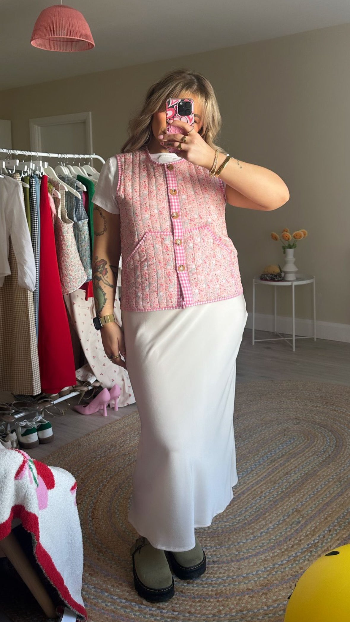 Floral Gilet with Gingham Trim - Pink