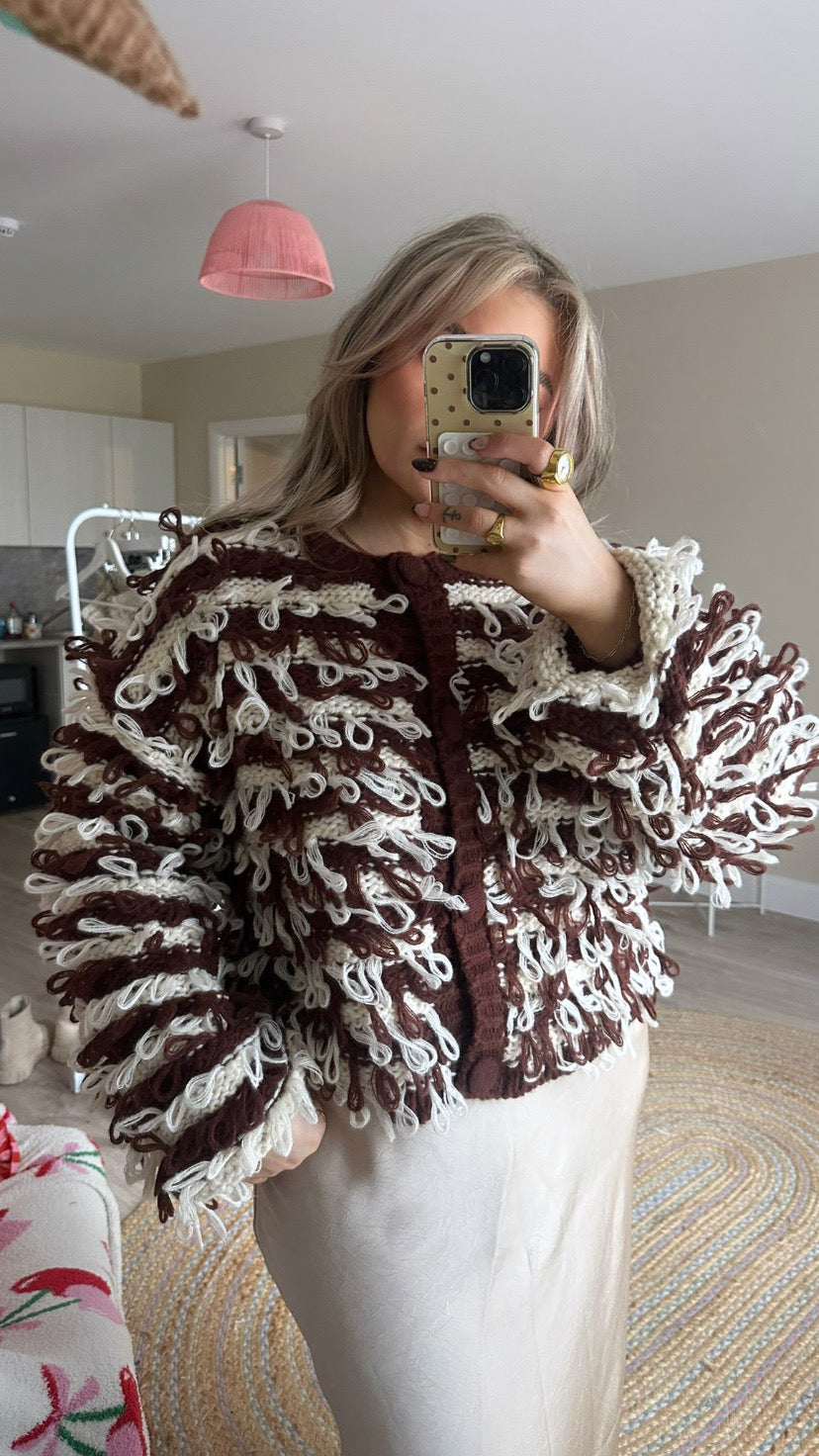 Contrast Loop Knit Cardigan - Brown