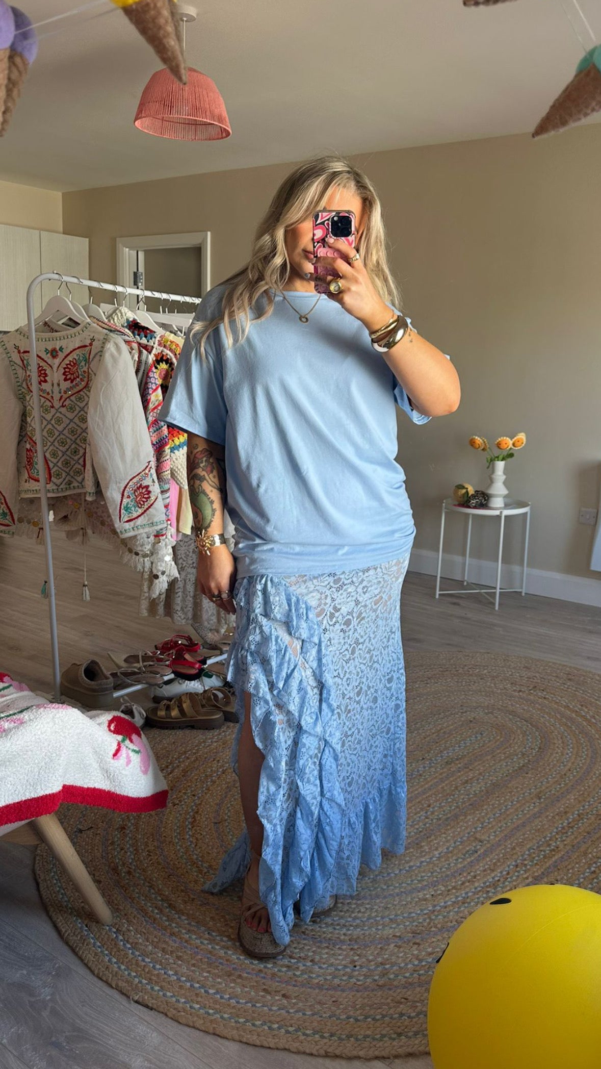 Oversized Tee and Lace Skirt Co-Ord - Blue