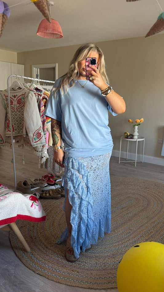 Oversized Tee and Lace Skirt Co-Ord - Blue