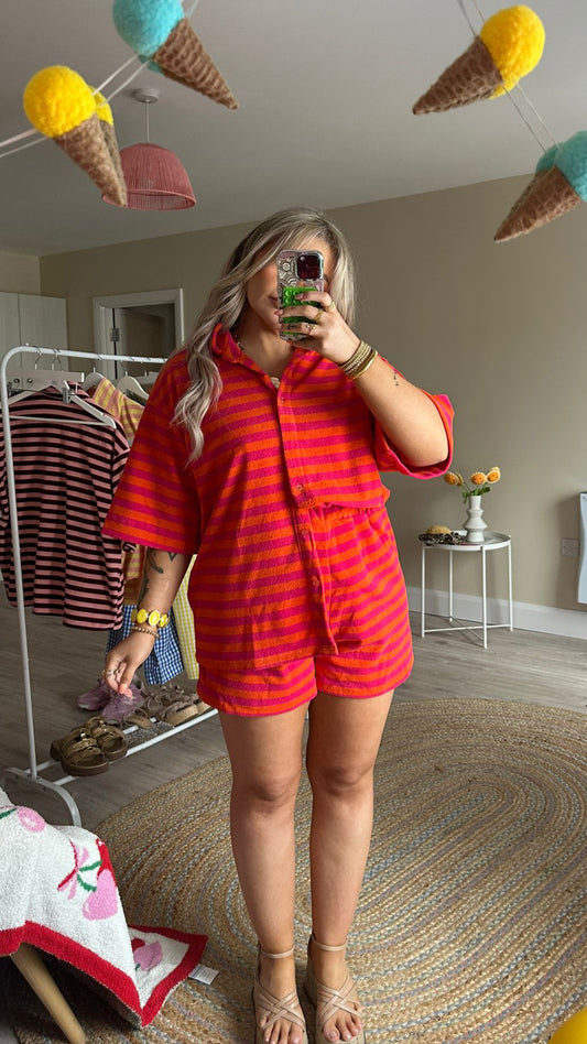 Towelling Stripe Co-Ord - Orange/Pink