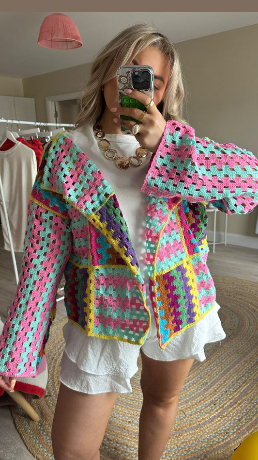 Multicolour Patchwork Oversize Cardigan - Pink