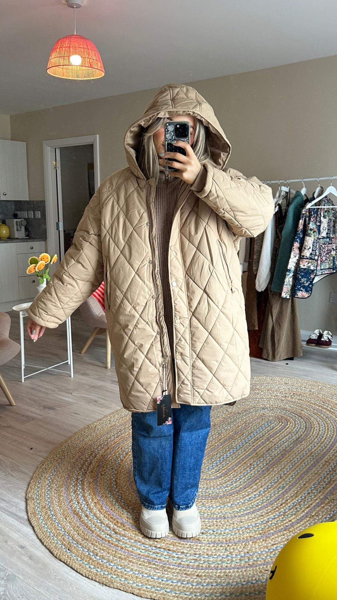 Longline Hooded Puffer Coat In Beige