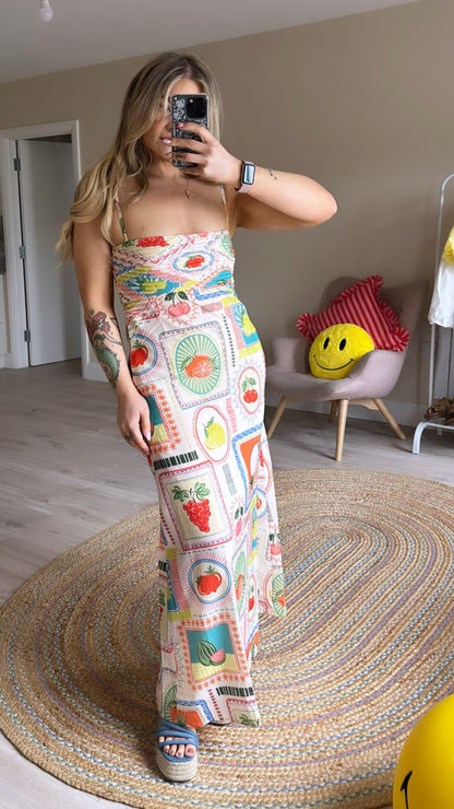 Fruit Print Square Neck Midi Dress