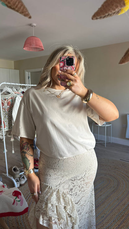 Oversized Tee and Lace Skirt Co-Ord -Beige