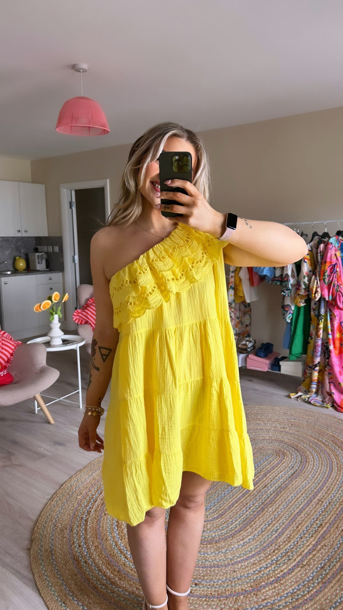 Yellow Cheesecloth One Shoulder Mini Dress