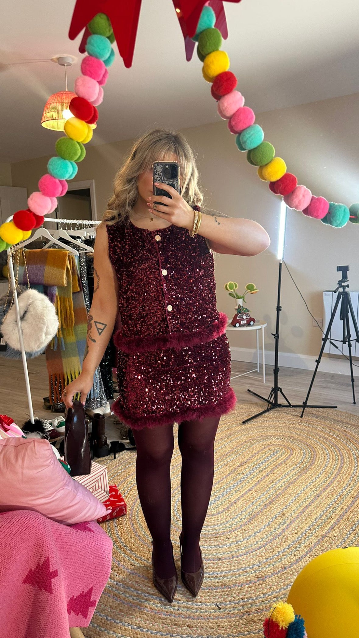 Burgundy Sequin Co-Ord with Feather Trim