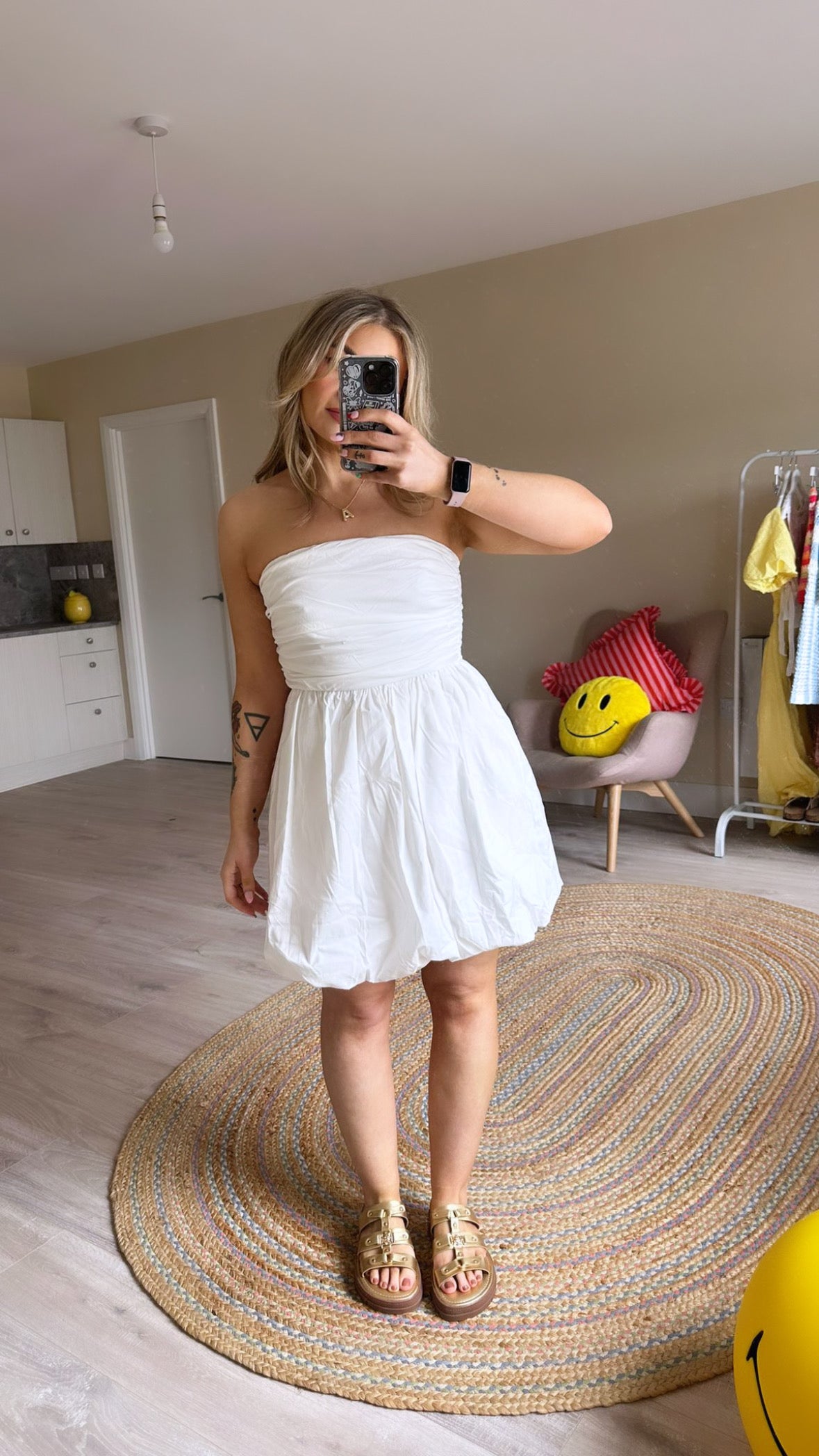 White Puff Ball Hem Mini Dress