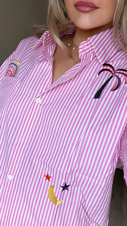 Pink Embroidered Stripe Shirt