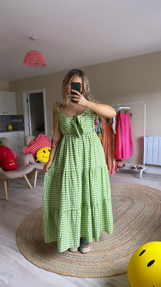 Green Gingham Tie Front Maxi Dress