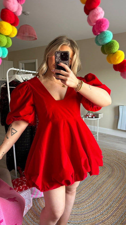 Red Velvet Puffball Mini Dress